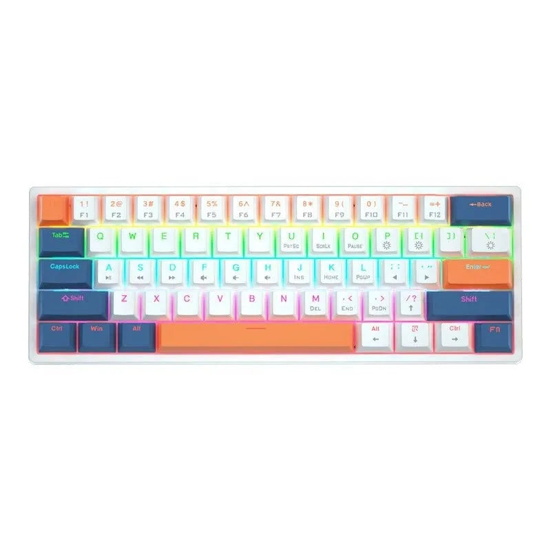 Bluish-black 61-key mechanical keyboard with hot-swappable switches on a desk