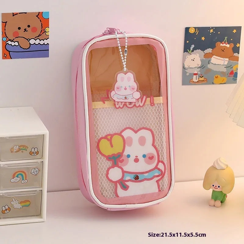 Transparent PVC pencil case with colourful cartoon character design