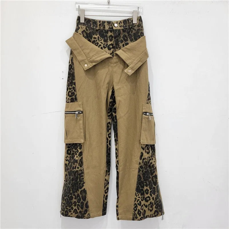 Women's high waist straight leg jeans with leopard print and fake two-stitching tooling details