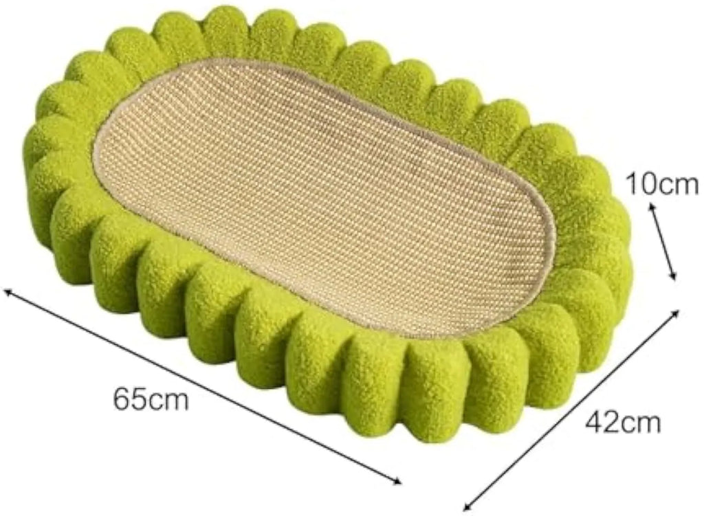 Green oval cat scratching pad with sisal surface measuring 65cm long, functioning as both scratcher and lounger bed