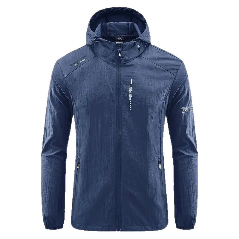 Men's lightweight nylon hooded summer jacket in loose fitting style for outdoor sun protection