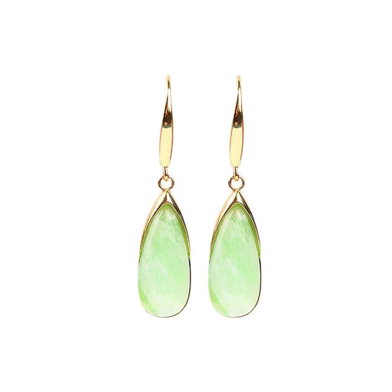 Geometric Chinese style copper earrings with electroplated CP798 jade colour and water droplet design elements