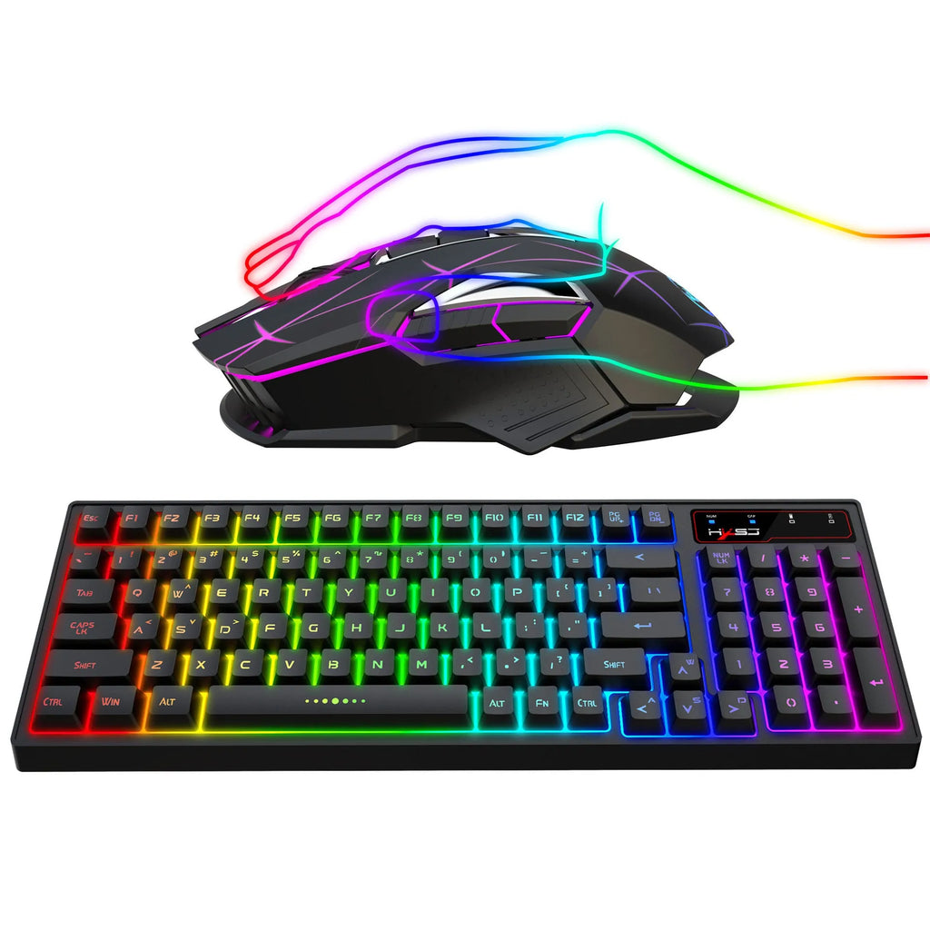 L99 2.4G wireless rechargeable keyboard and mouse set with RGB glow lighting and Type-C charging cable on desk