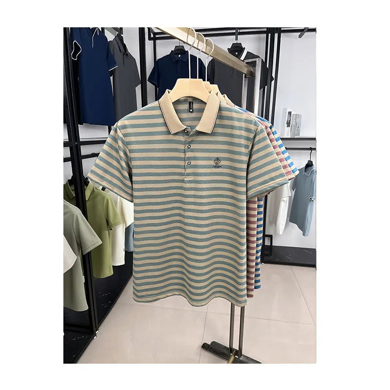 Men's striped casual short sleeve shirt with mosaic pattern detail in red, blue, or green colour options.