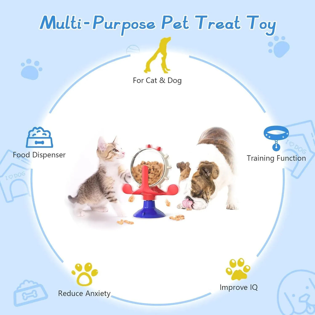 Interactive cat puzzle toy with rotating snack dispenser in blue, green, red, or yellow colours
