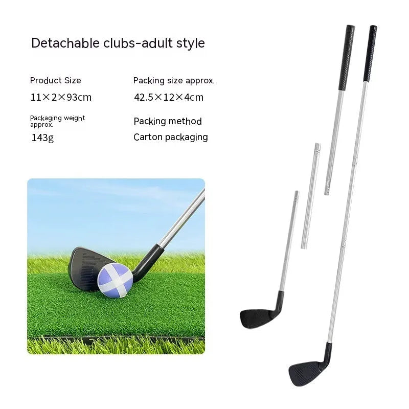 Metal golf practice club shown in two colour options: adult club and children's club for outdoor sports.
