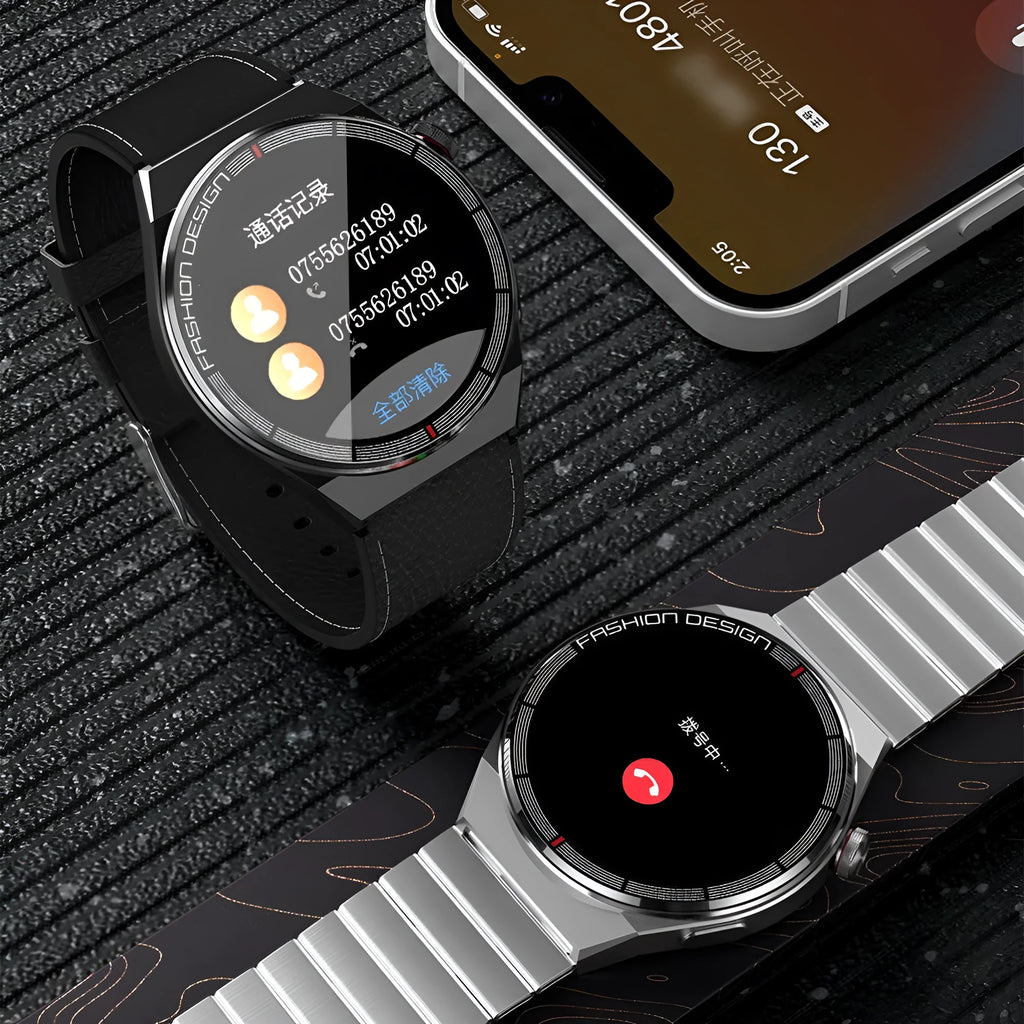 Black smartwatch with 1.28 inch screen on a silicone strap, showing health metrics and call interface.