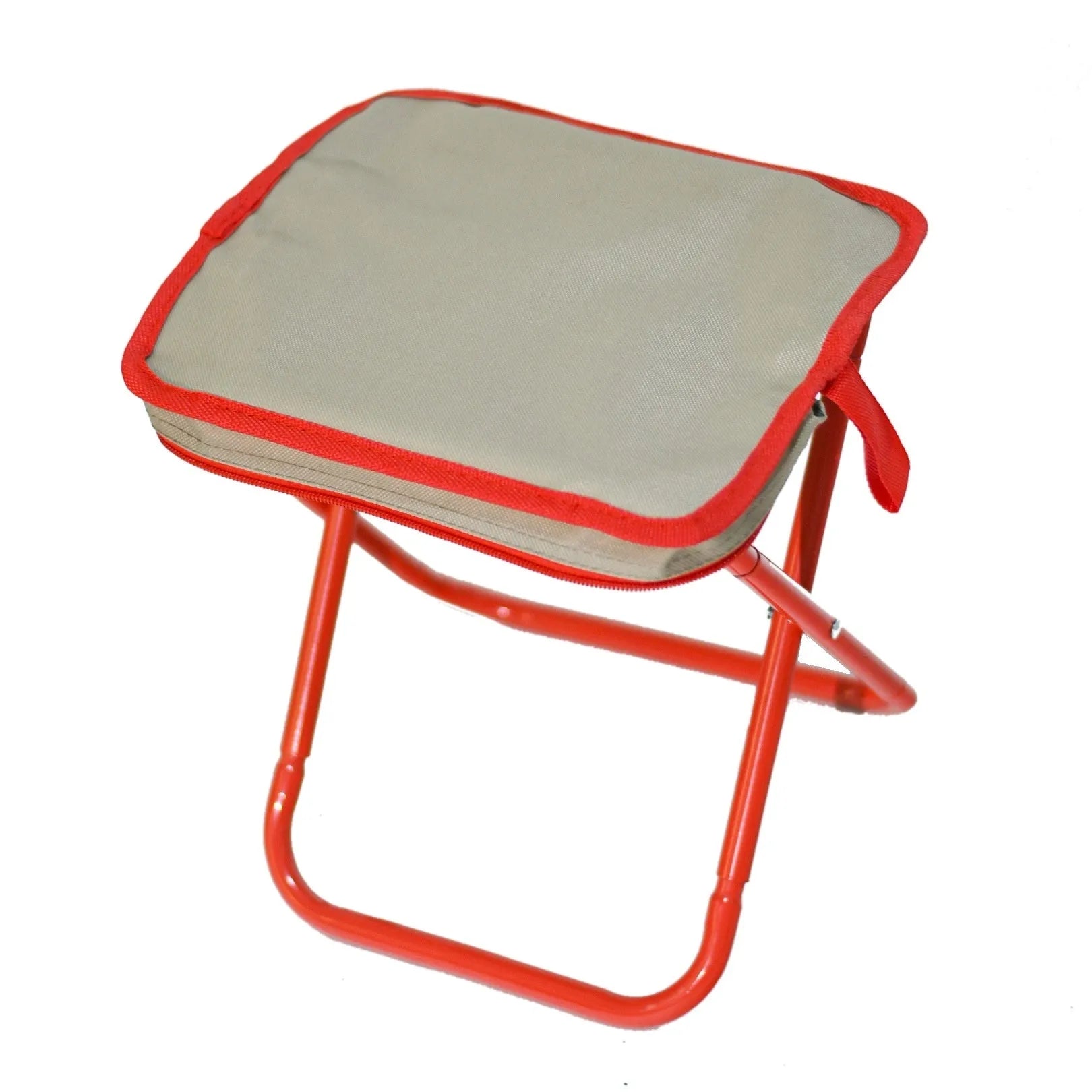 Lightweight foldable outdoor camp chair stool in Oxford cloth, shown in a khaki colour, folded compactly.