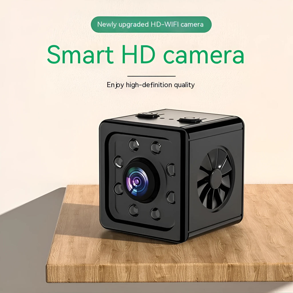 Black cubic network sports camera with mounting bracket on flat surface