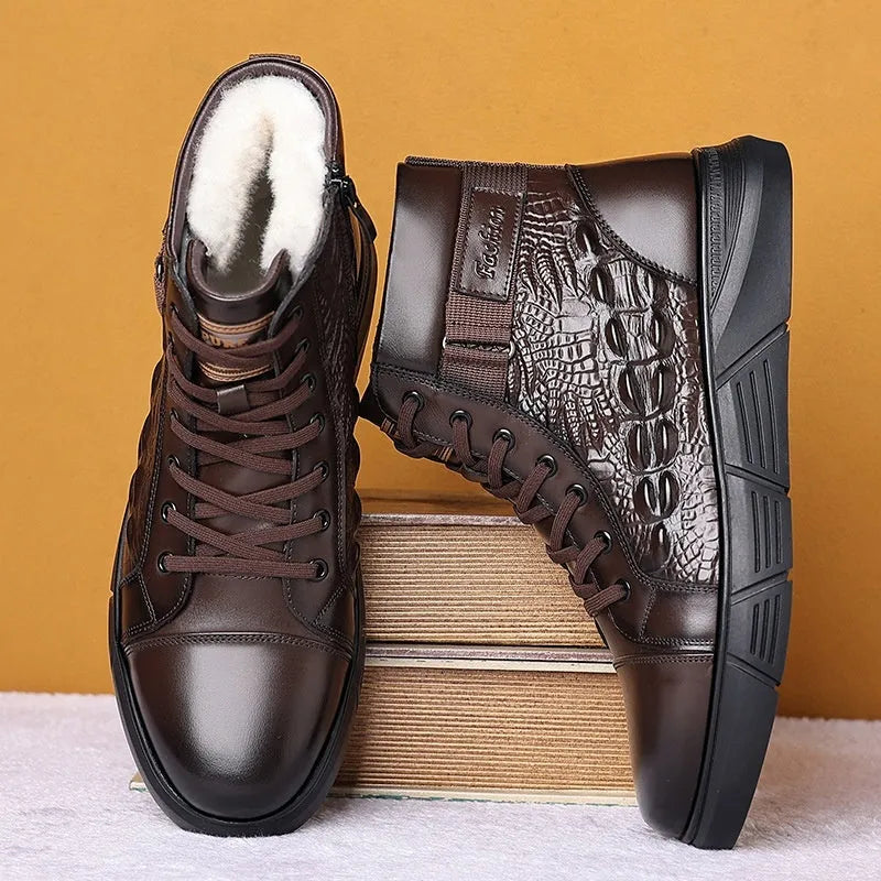 Women's black fur-lined genuine leather snow boots with rubber sole and front laces.