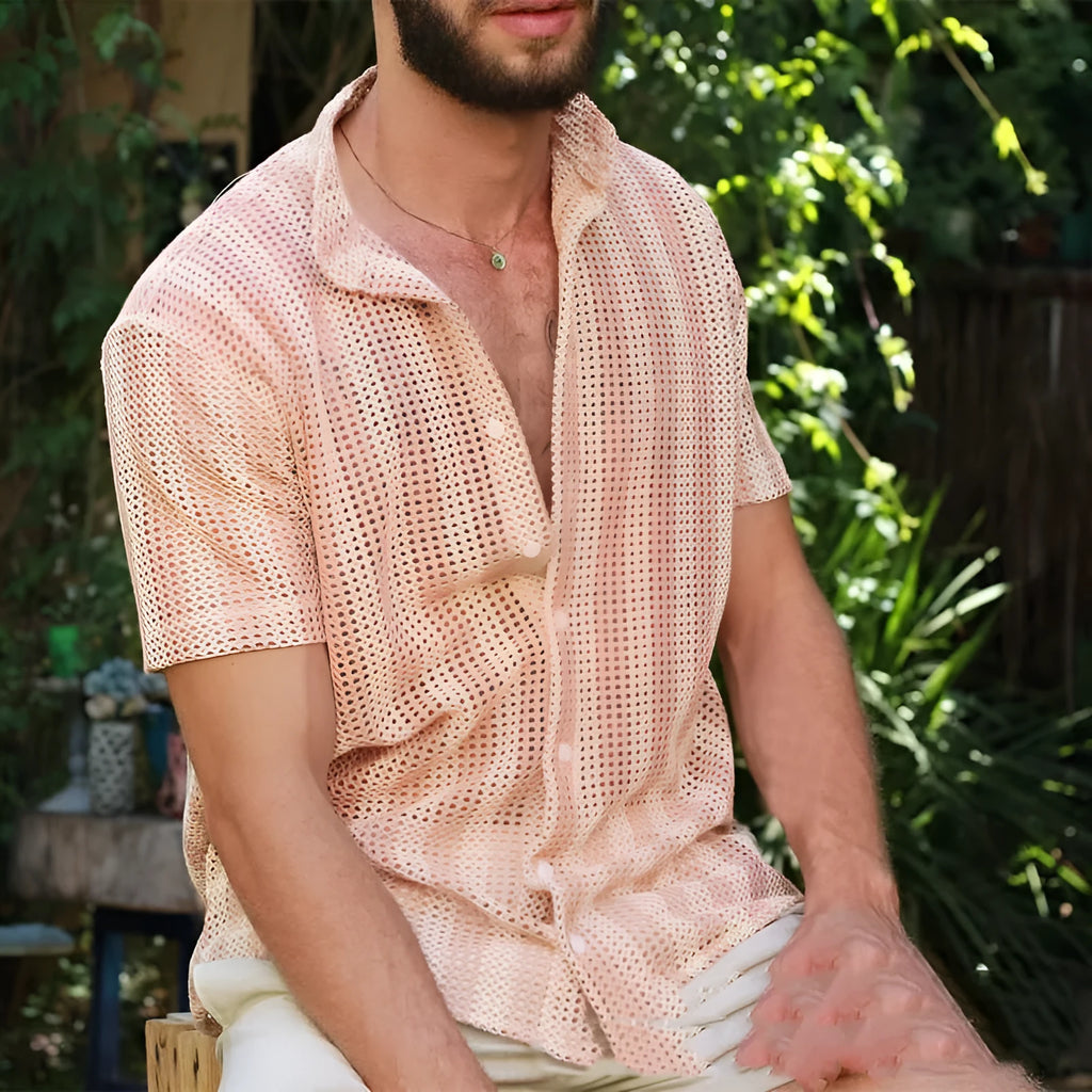 Pink men's loose fit short sleeve cardigan with waffle hole texture on a hanger