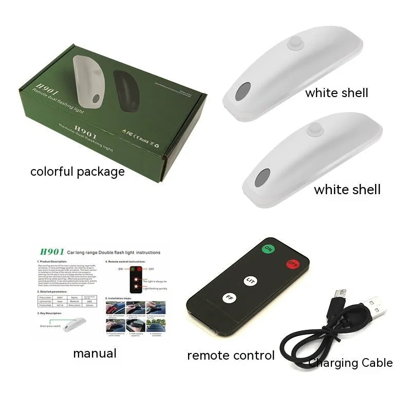 Remote control car anti-collision strobe light with USB cable in black or white ABS housing.