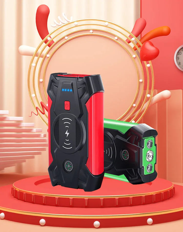 Red car emergency start power bank with thick jumper clips showing 39800W output and compact 190mm design
