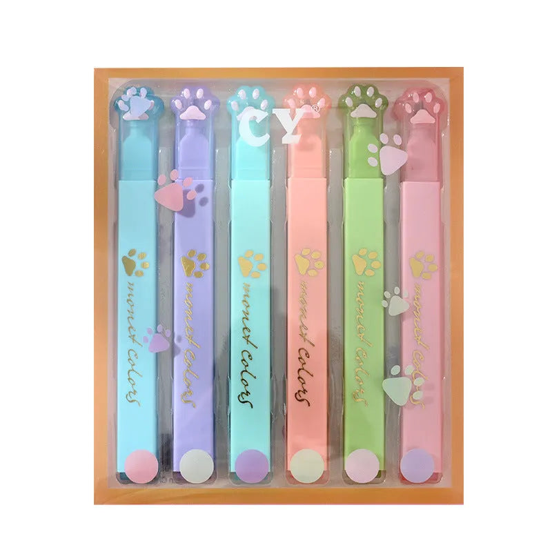Cat's Paw brand fluorescent marking pen set with six colours and oblique heads in a gift box.