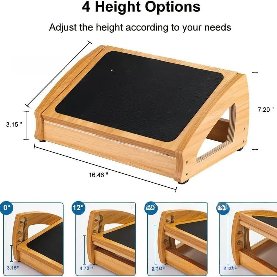 Natural wood colour bamboo adjustable office desk footstool for adult ergonomics.