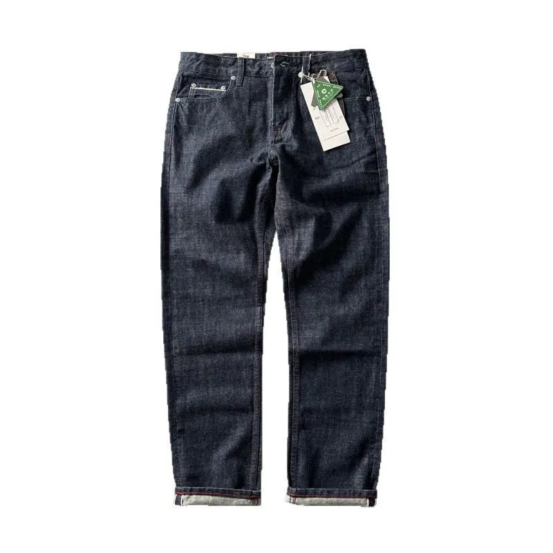Men's primary blue straight-leg cotton denim trousers on a neutral background, showing mid-waist fit and trouser length.