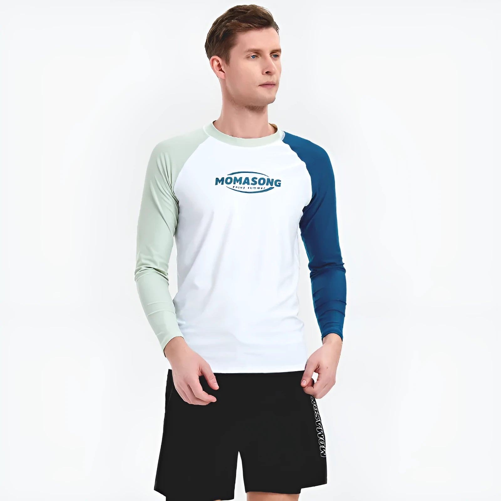 Men's long-sleeved swimsuit with white top and matching swim trunks for beach sports