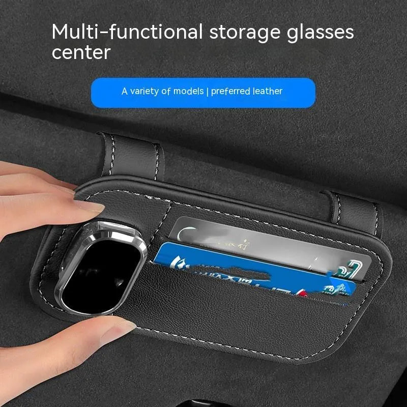 Cowhide leather automotive sun visor holder with glasses clip and card slots in beige colour.