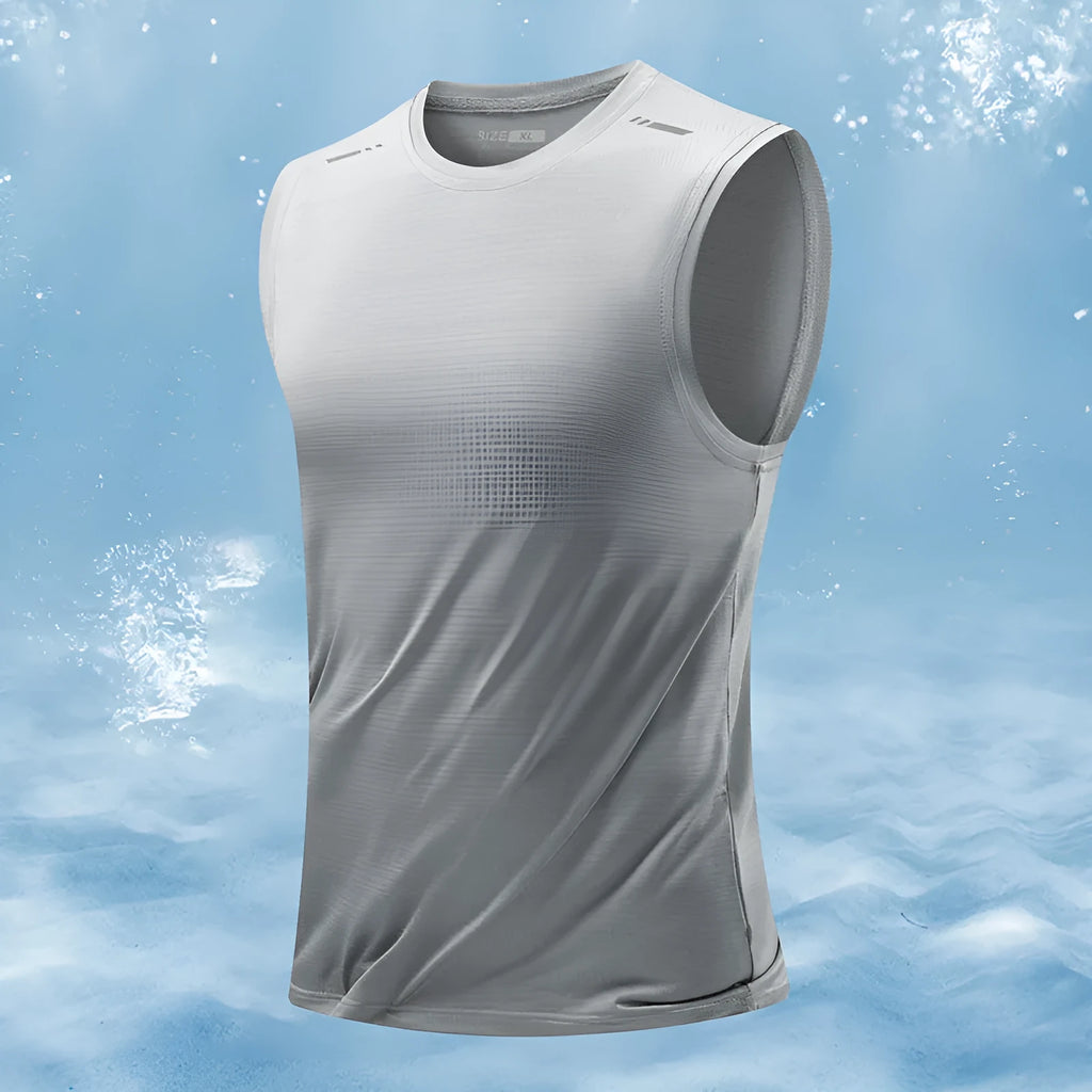 Man wearing a loose-fit grey sleeveless bamboo blend waistvest for casual wear.