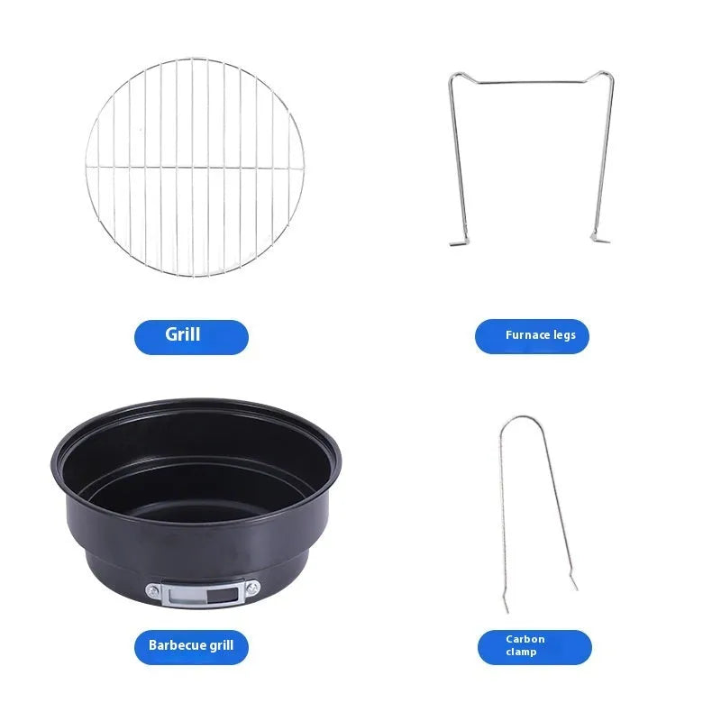 Small folding round ice stove with grill mesh and complete barbecue accessories set