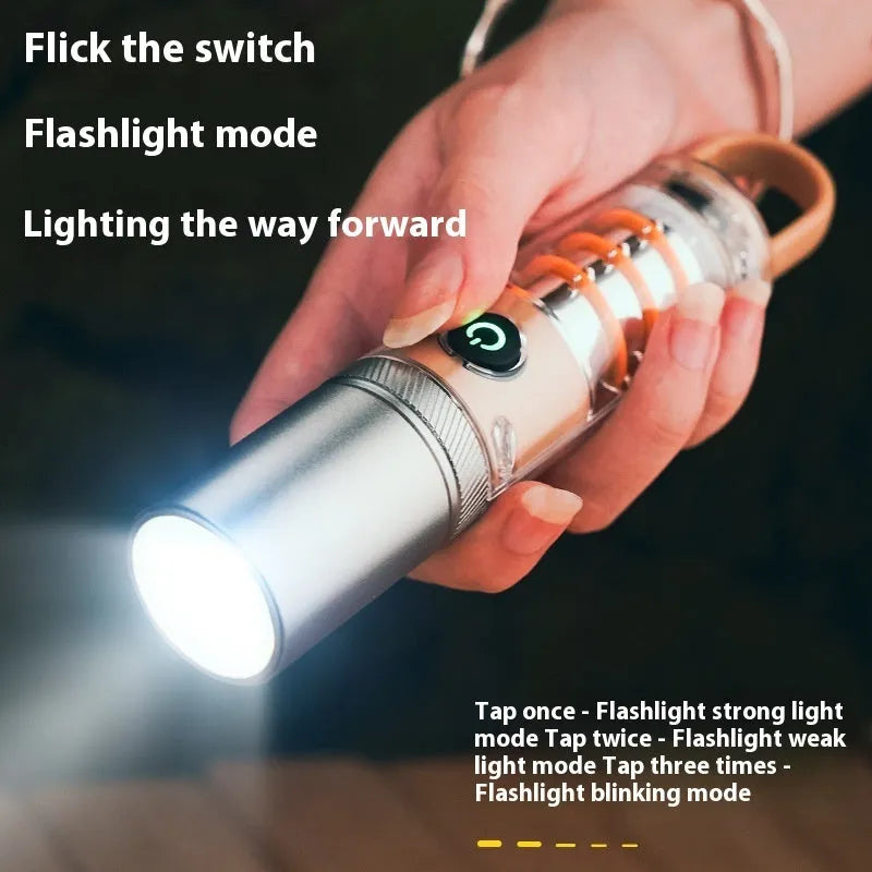 Orange or beige 10W rechargeable LED flashlight with optical zoom and keychain