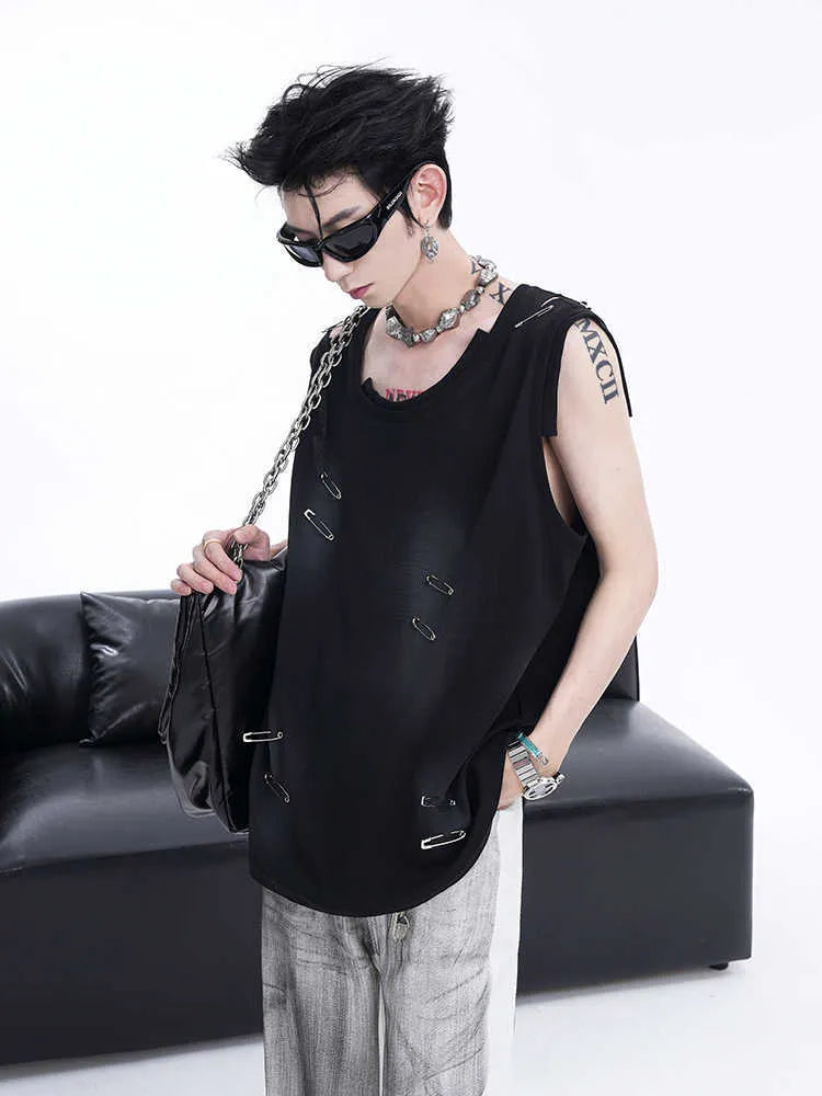 Men's black sleeveless waistcoat vest with ripped irregular cutting details and round neck collar