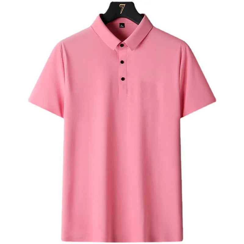 Man wearing a solid colour non-ironing short sleeve casual top in a navy blue shade.