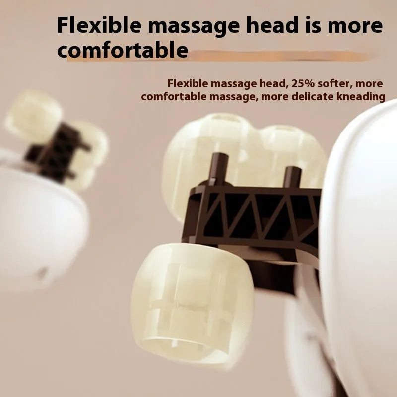 Blue foldable electric neck and shoulder massager with heat settings, shown unfolded.