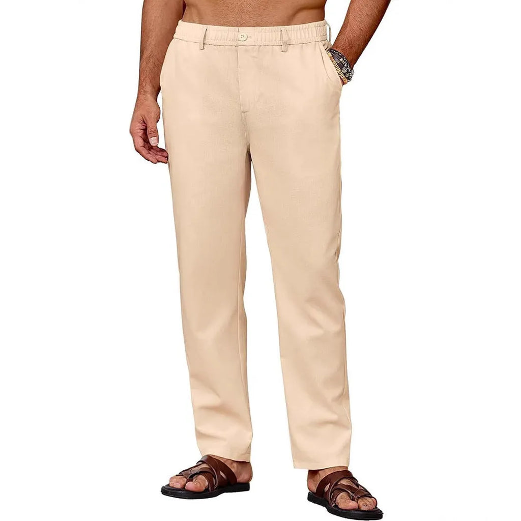 Men's casual breathable drawstring polyester straight pants in black with slight stretch