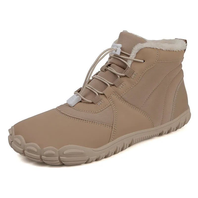 Unisex waterproof snow boots with fleece lining and a black rubber sole on a snowy background.