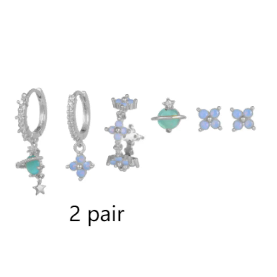 Japanese Korean style flower earrings with zircon mosaic on copper in gold and silver colours