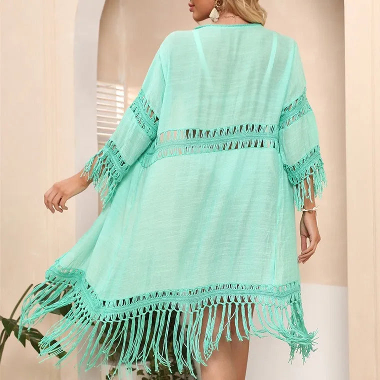 Women's yellow hand-crocheted acrylic beach cardigan cover-up with tassels