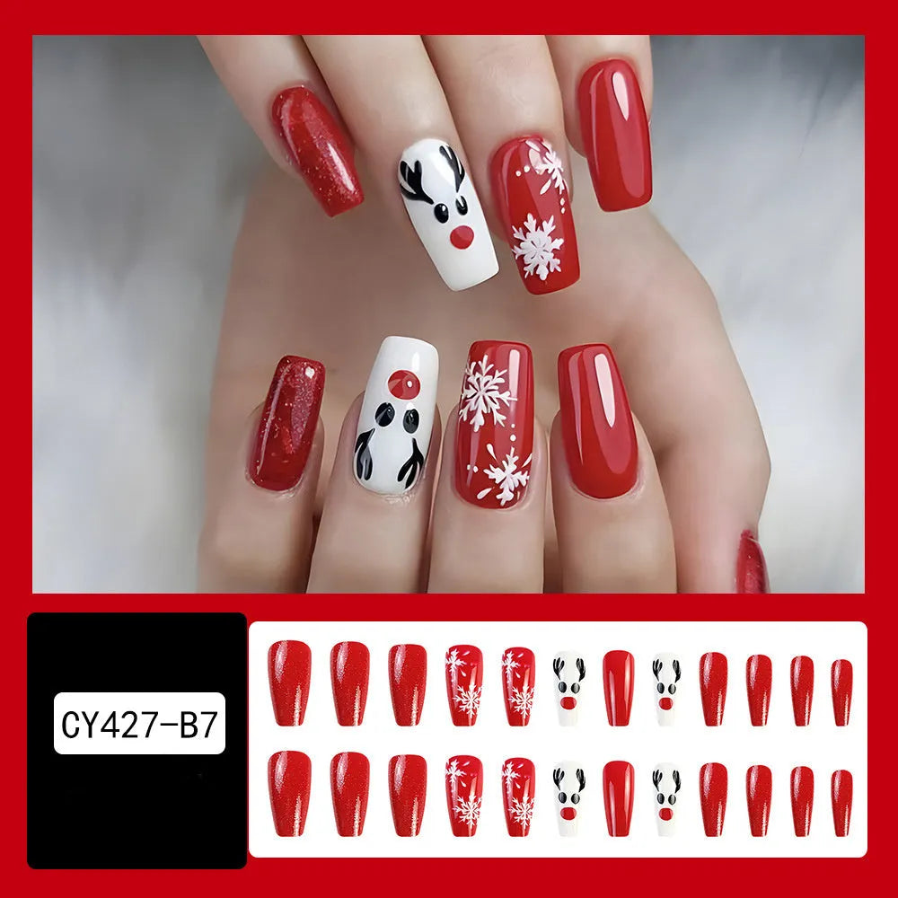 24pcs Christmas false nails with hat striped snowflake nail art stickers, eight colour options, full set