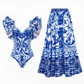 Women's printed one-piece swimsuit in rose pink, available in sizes S, M, L, XL.