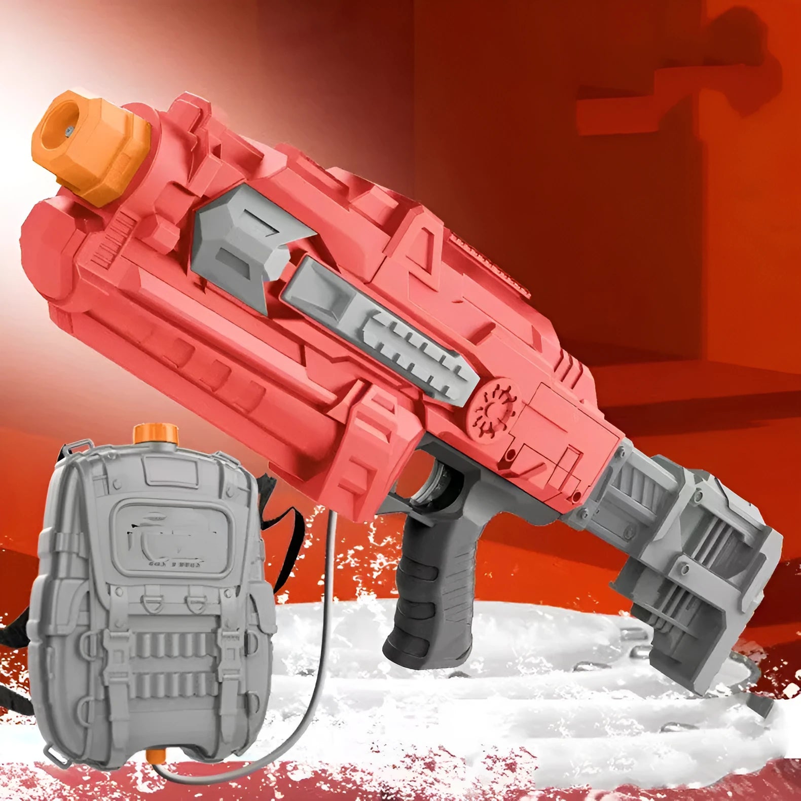 Electric automatic suction water gun with 4000ml red backpack on display