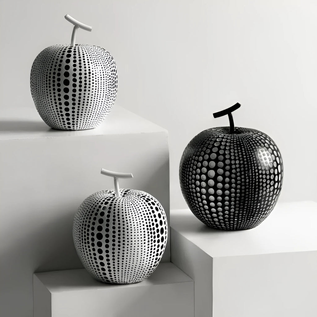 Resin apple and pear decorative crafts in black, white, orange, and blue colours