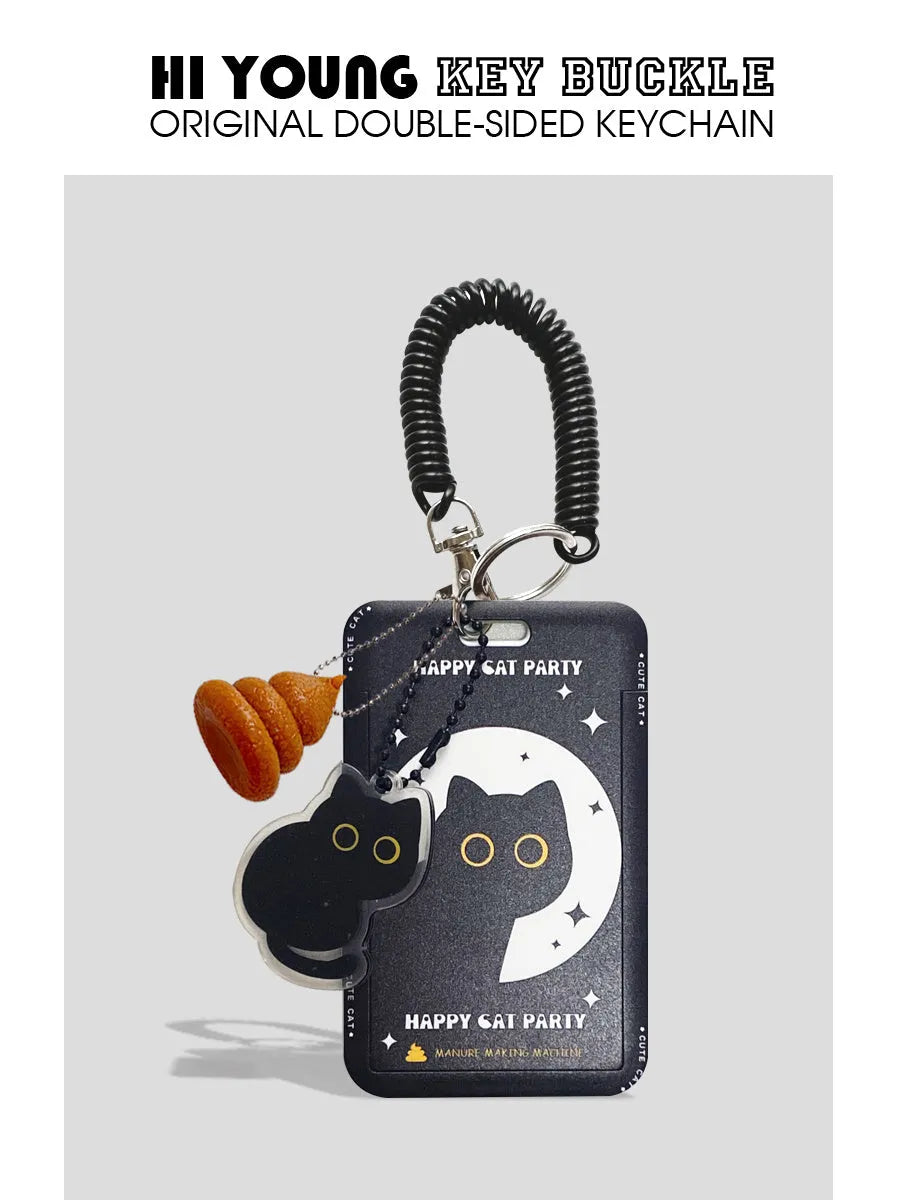 Cartoon black cat design plastic card sleeve holder with metal keychain clip