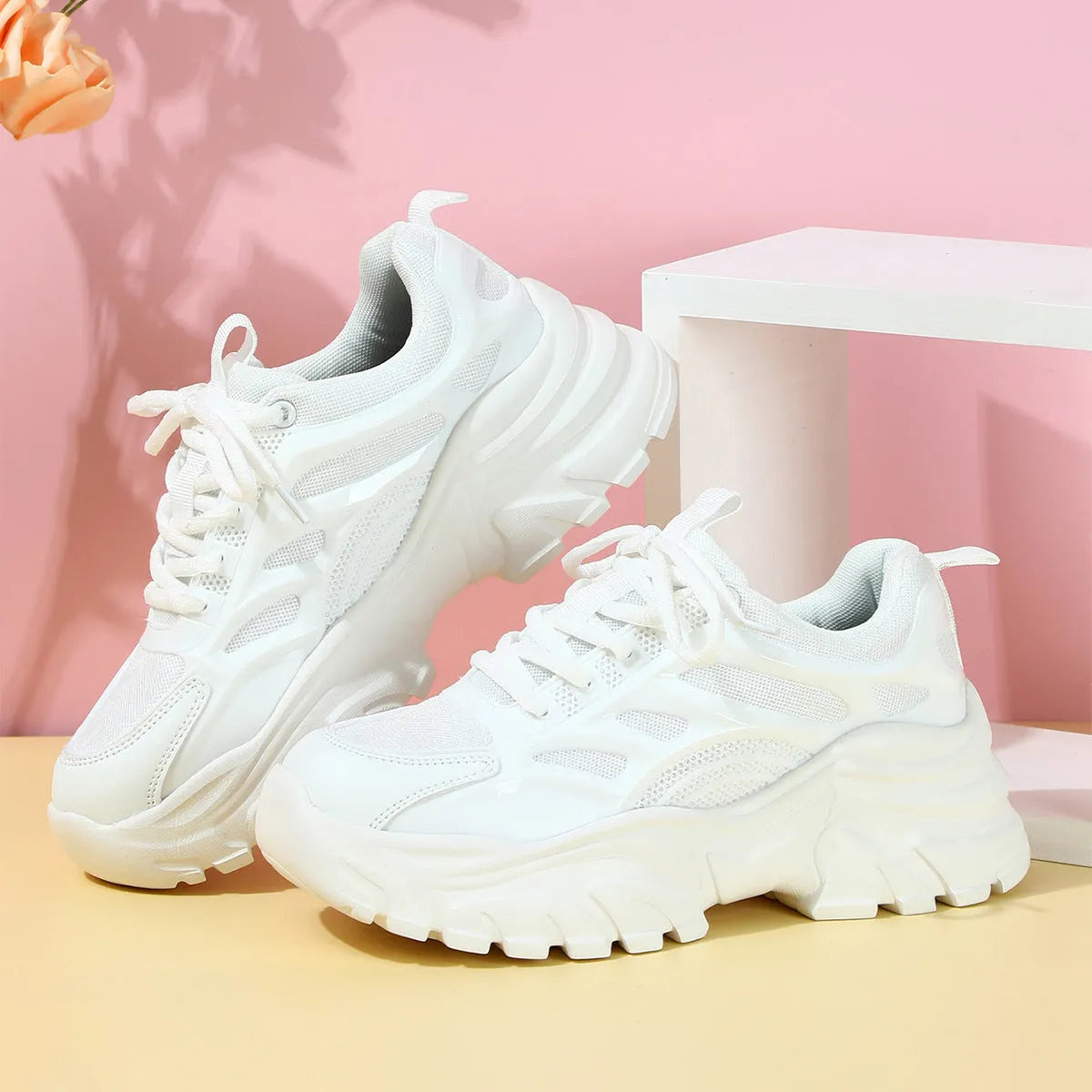 Thick bottom height increasing breathable leisure sneaker in 9229 white with PU mesh upper and MD sole