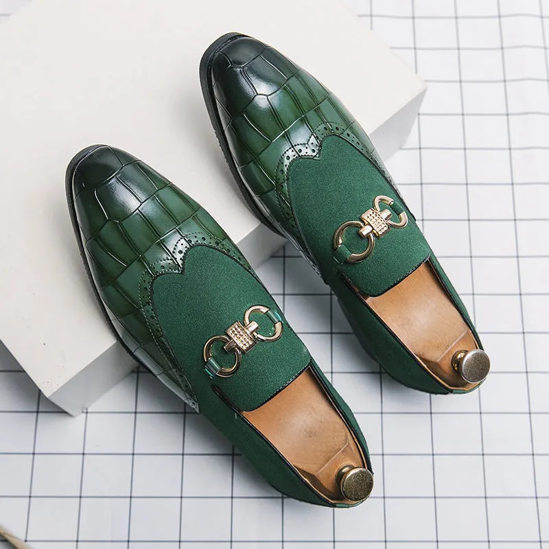 Men's black pointed toe low top casual shoes with a rubber sole and decorative stitching.