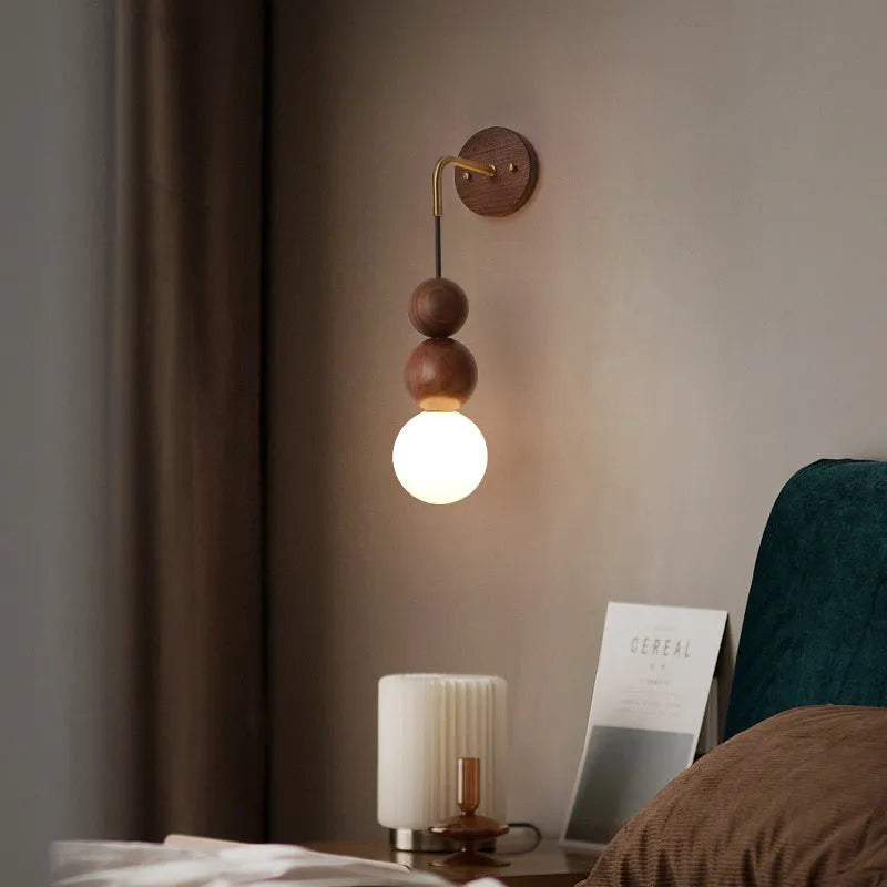 Copper and wood wall lamp with natural walnut finish, three colour light settings