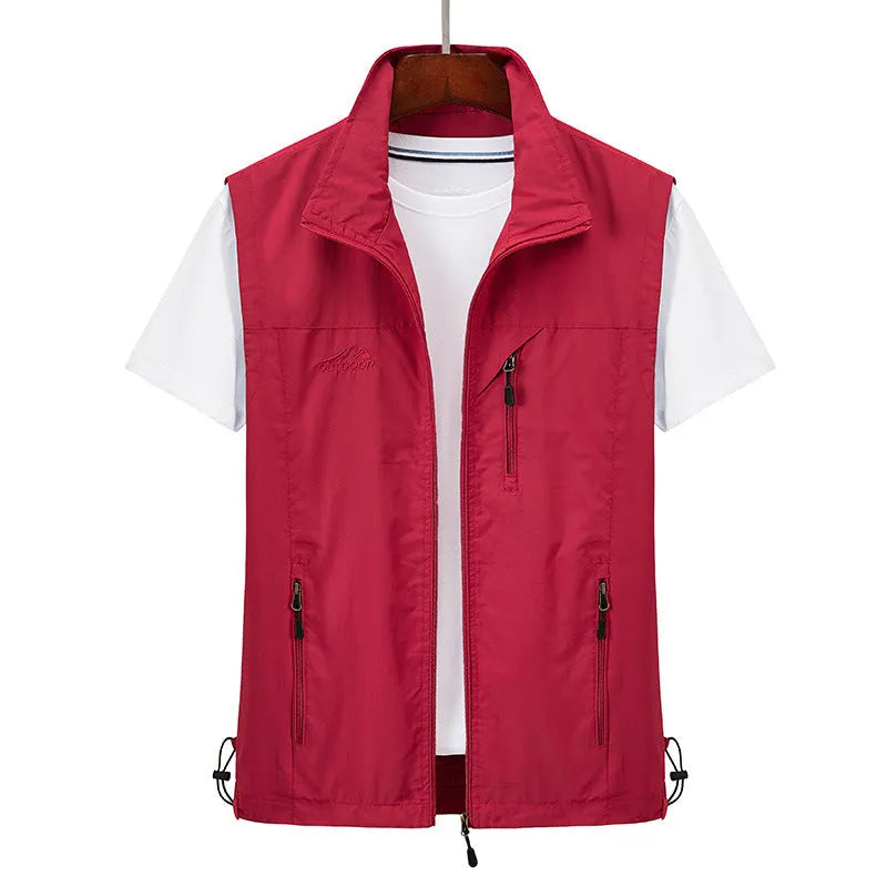 Men's slim fit rabbit fur hooded vest waistcoat in a neutral colour on a model.