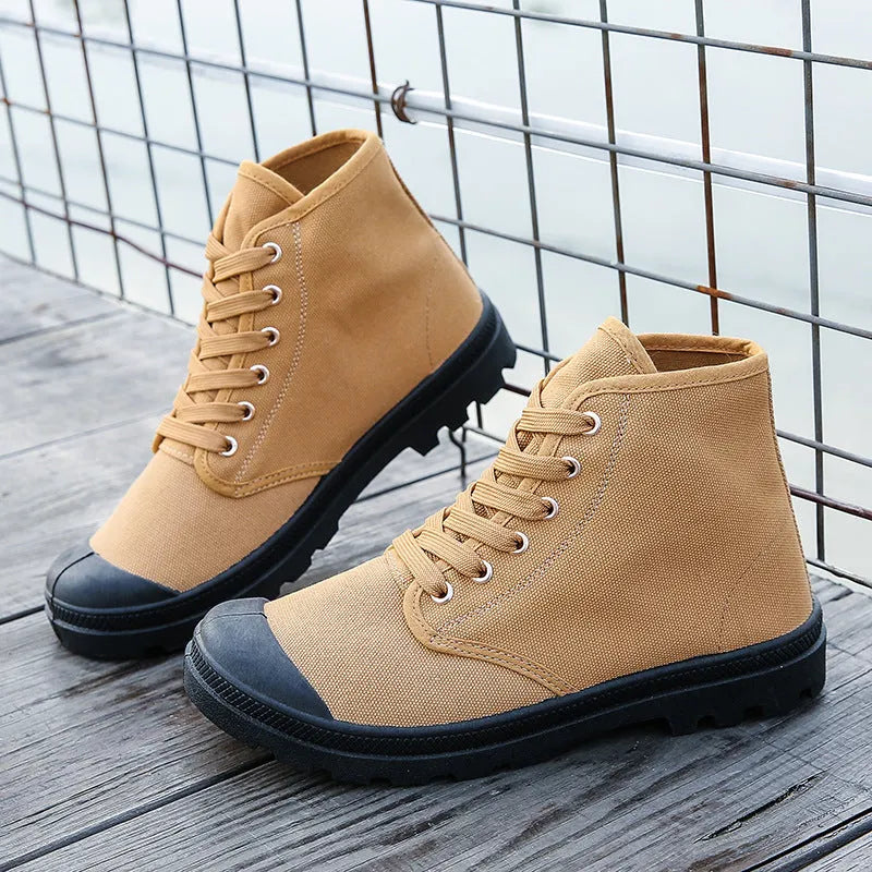 Martin men's outdoor mountaineering canvas boots with low heel wedge sole, solid colour, tall upper