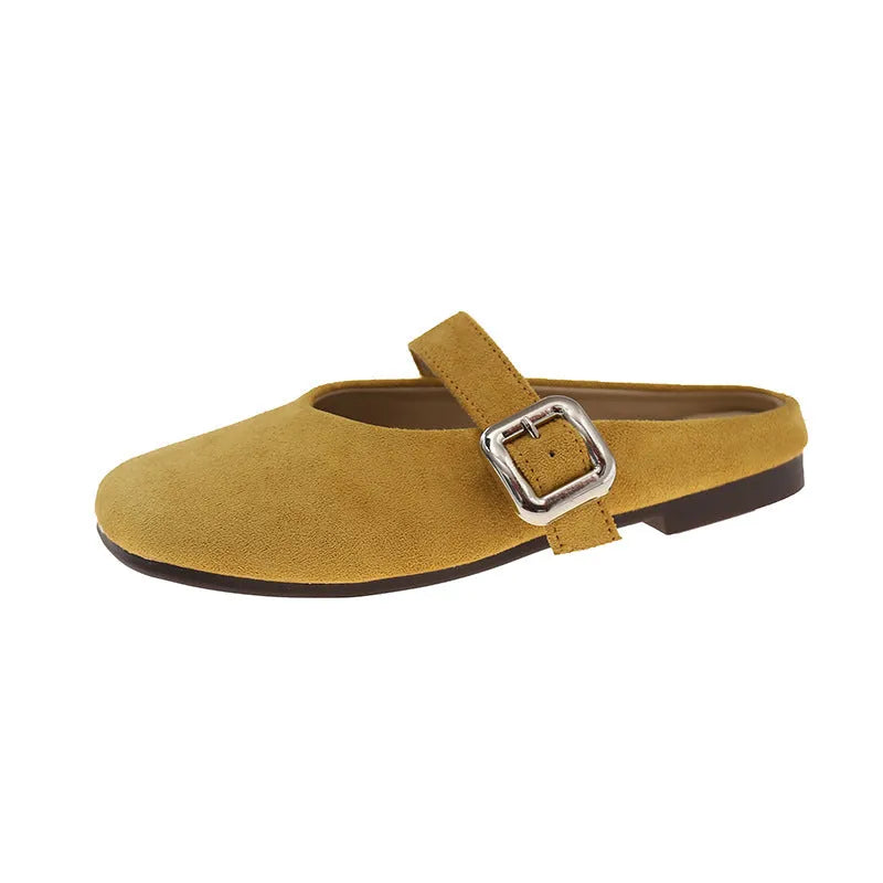 Women's flat closed toe slippers with square head design in PU material and rubber sole