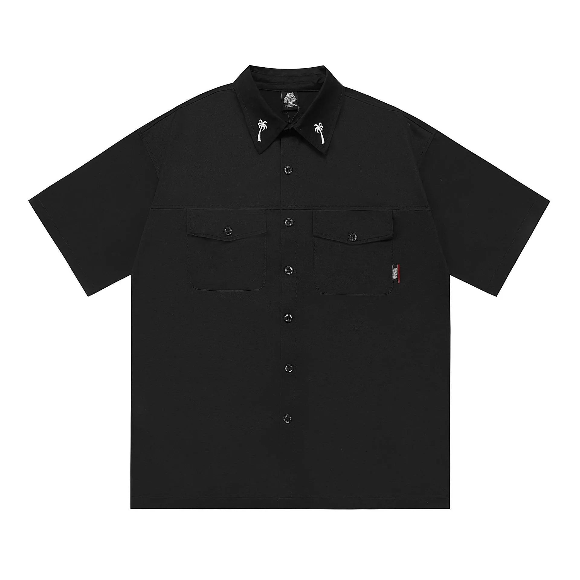 Black cotton blend half sleeve work shirt with embroidery in plus size loose fit