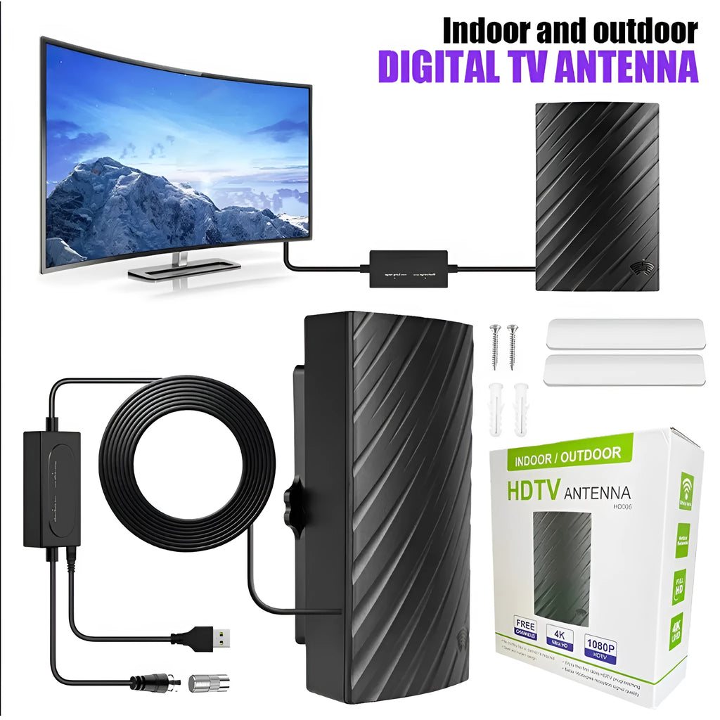 Black digital television antenna with mounting accessories including screws and expansion tubes