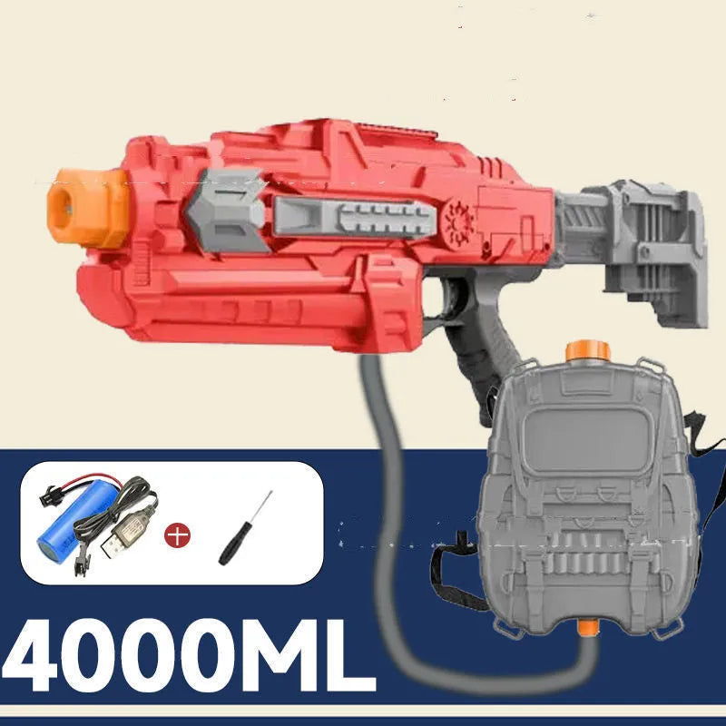 Electric automatic suction water gun with 4000ml red backpack on display