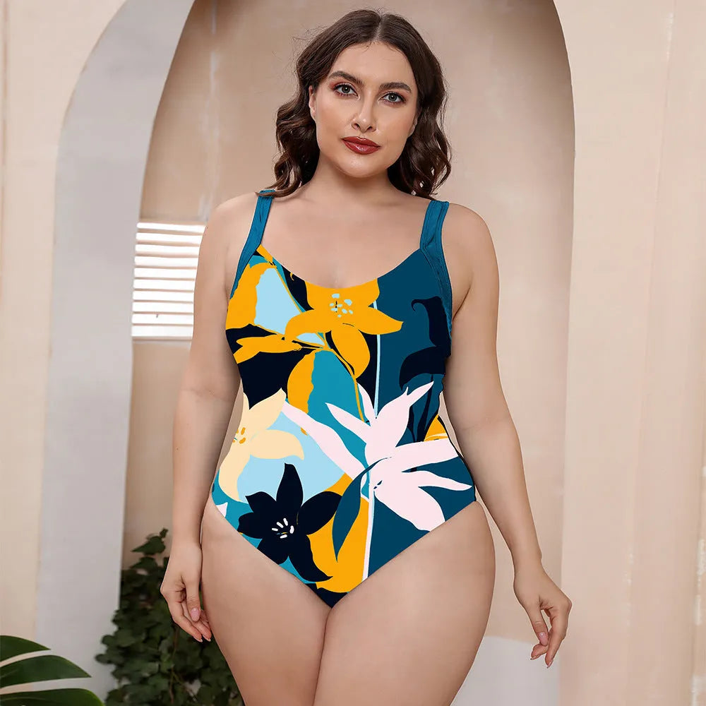Conservative one-piece floral print swimsuit with spaghetti straps and vest design for swimming