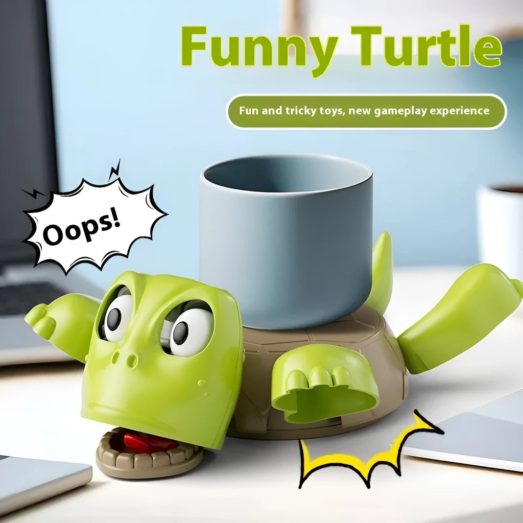 Turtle-shaped drink coaster made from ABS plastic in a light green colour on a wooden table.