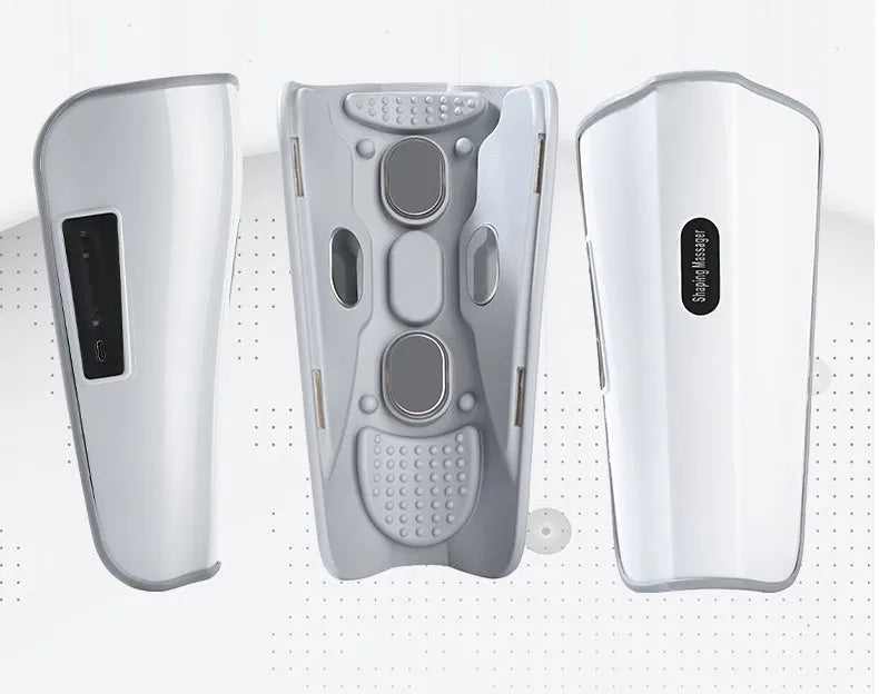 White plastic calf and leg massager unit with mechanical controls for infrared physiotherapy and electrotherapy pulse functions.