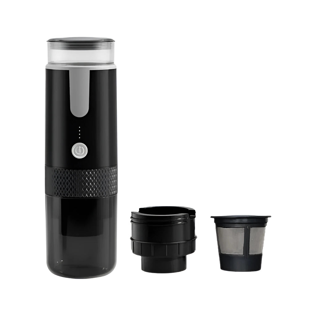Black portable wireless coffee machine for K-Cup pods, shown next to a car cup holder